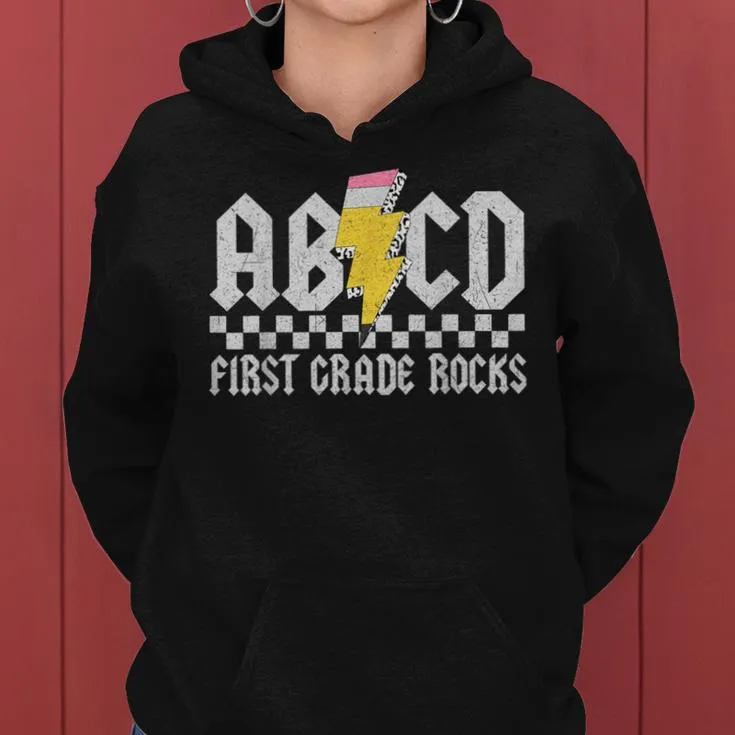 Abcd First Grade Rocks Back To School 1St Grade Teacher Women Hoodie