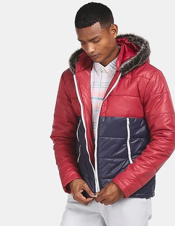 Aeropostale Men Red And Navy Colour Block Hooded Jacket