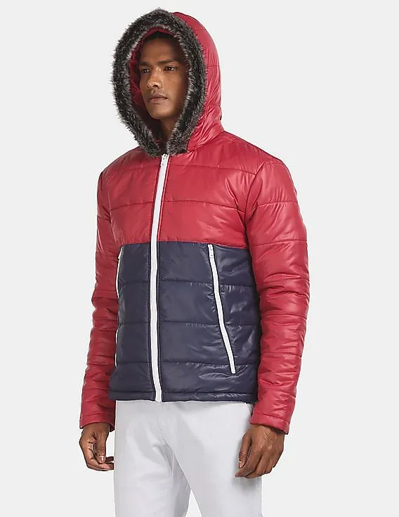 Aeropostale Men Red And Navy Colour Block Hooded Jacket