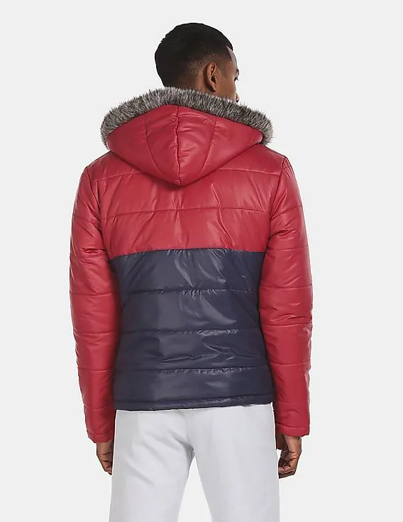 Aeropostale Men Red And Navy Colour Block Hooded Jacket