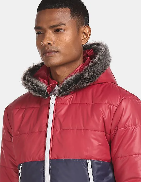 Aeropostale Men Red And Navy Colour Block Hooded Jacket