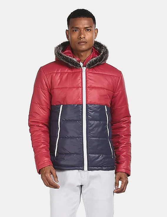 Aeropostale Men Red And Navy Colour Block Hooded Jacket