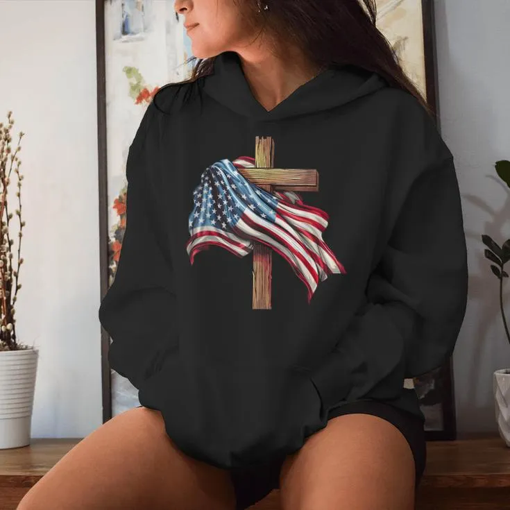 American Flag Christian Cross Jesus 4Th Of July Patriotic Women Hoodie