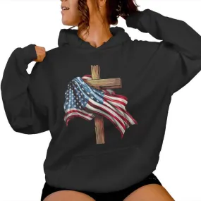 American Flag Christian Cross Jesus 4Th Of July Patriotic Women Hoodie