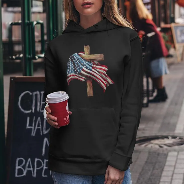 American Flag Christian Cross Jesus 4Th Of July Patriotic Women Hoodie