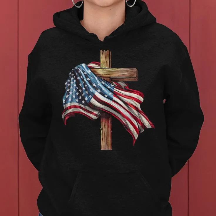 American Flag Christian Cross Jesus 4Th Of July Patriotic Women Hoodie