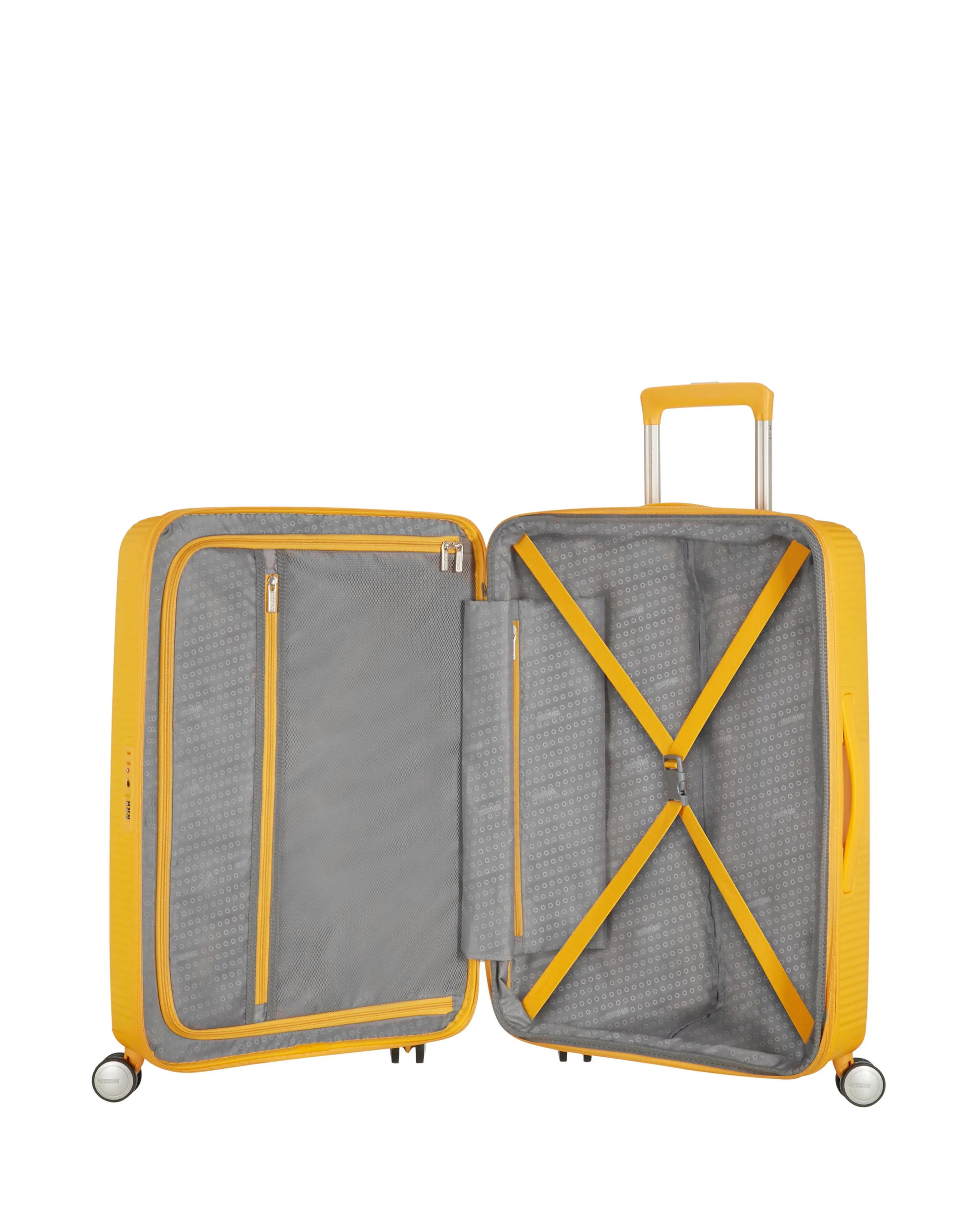 American Tourister Soundbox Spinner 77cm Large Suitcase Golden Yellow | Simply Be