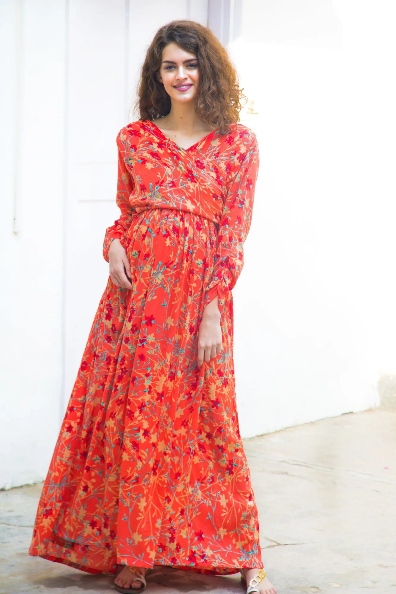 Apricot Floral Nursing Wrap Dress