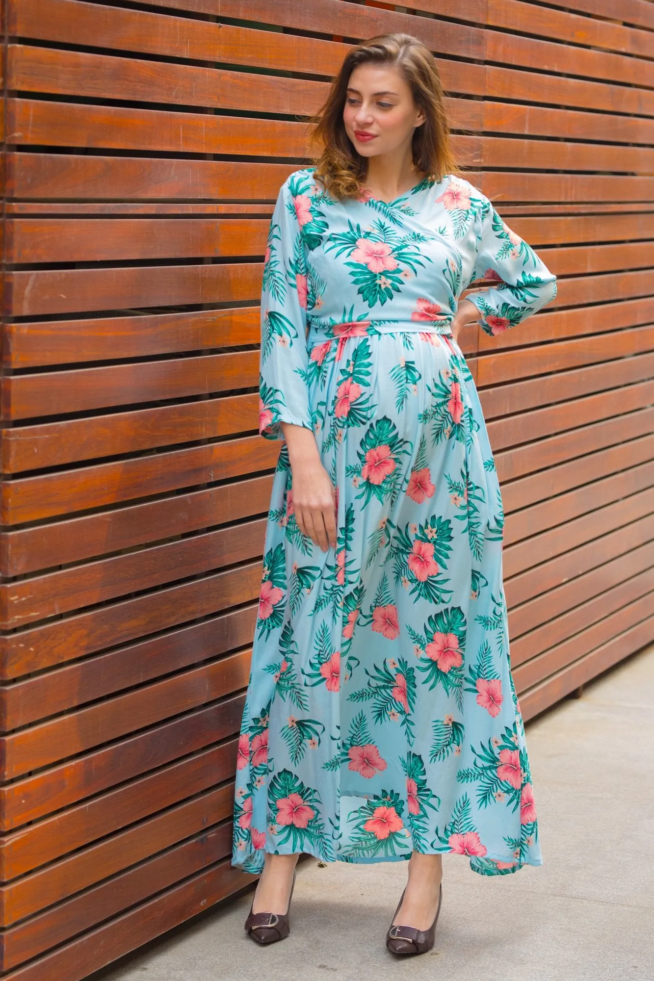 Aqua Hibiscus Maternity & Nursing Wrap Dress