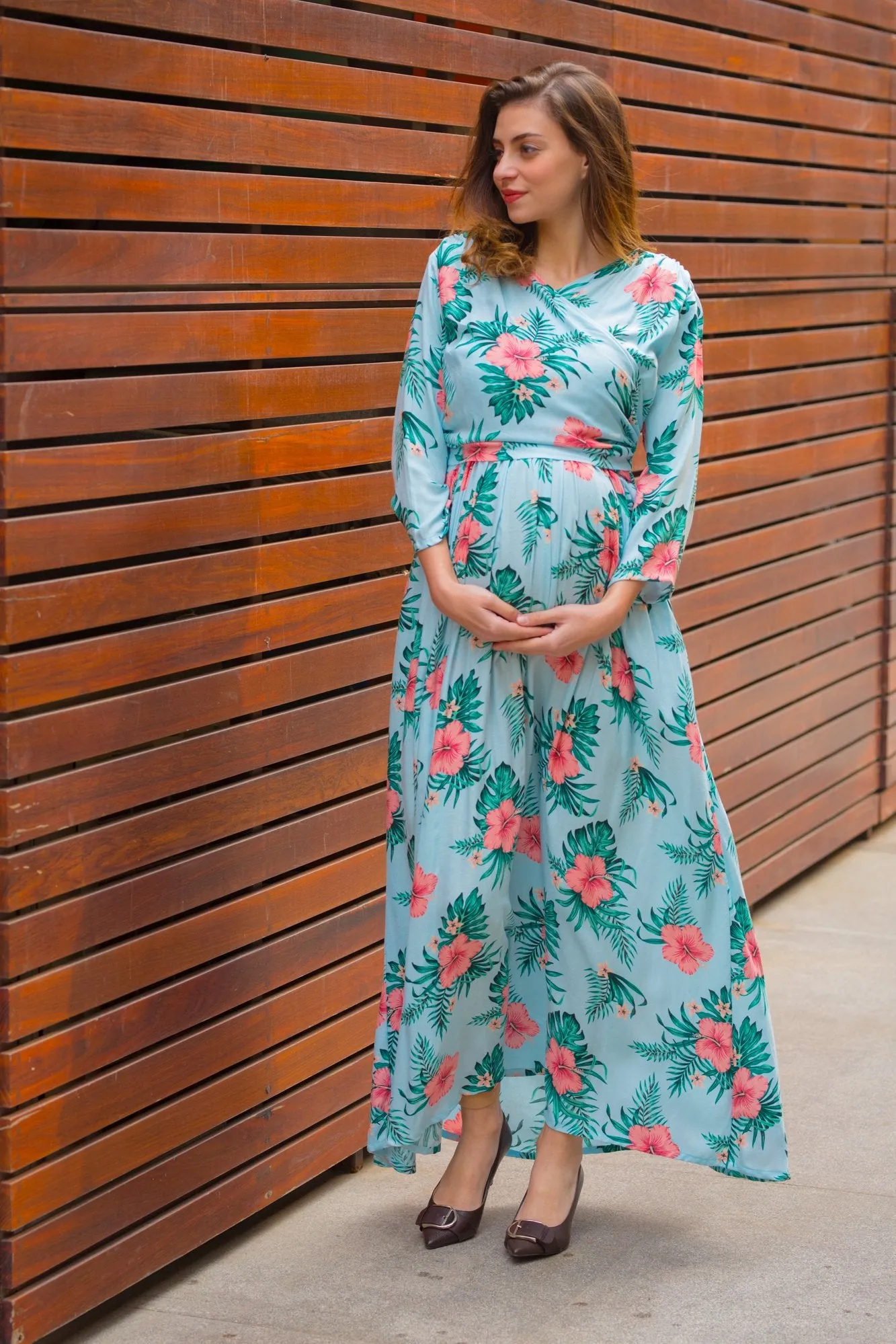 Aqua Hibiscus Maternity & Nursing Wrap Dress