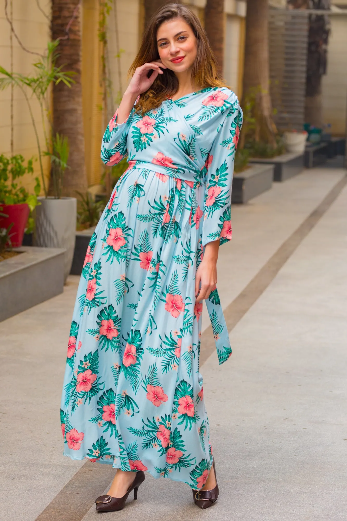 Aqua Hibiscus Maternity & Nursing Wrap Dress