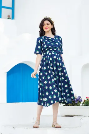 Azure Floral Maternity & Nursing Wrap Midi Dress