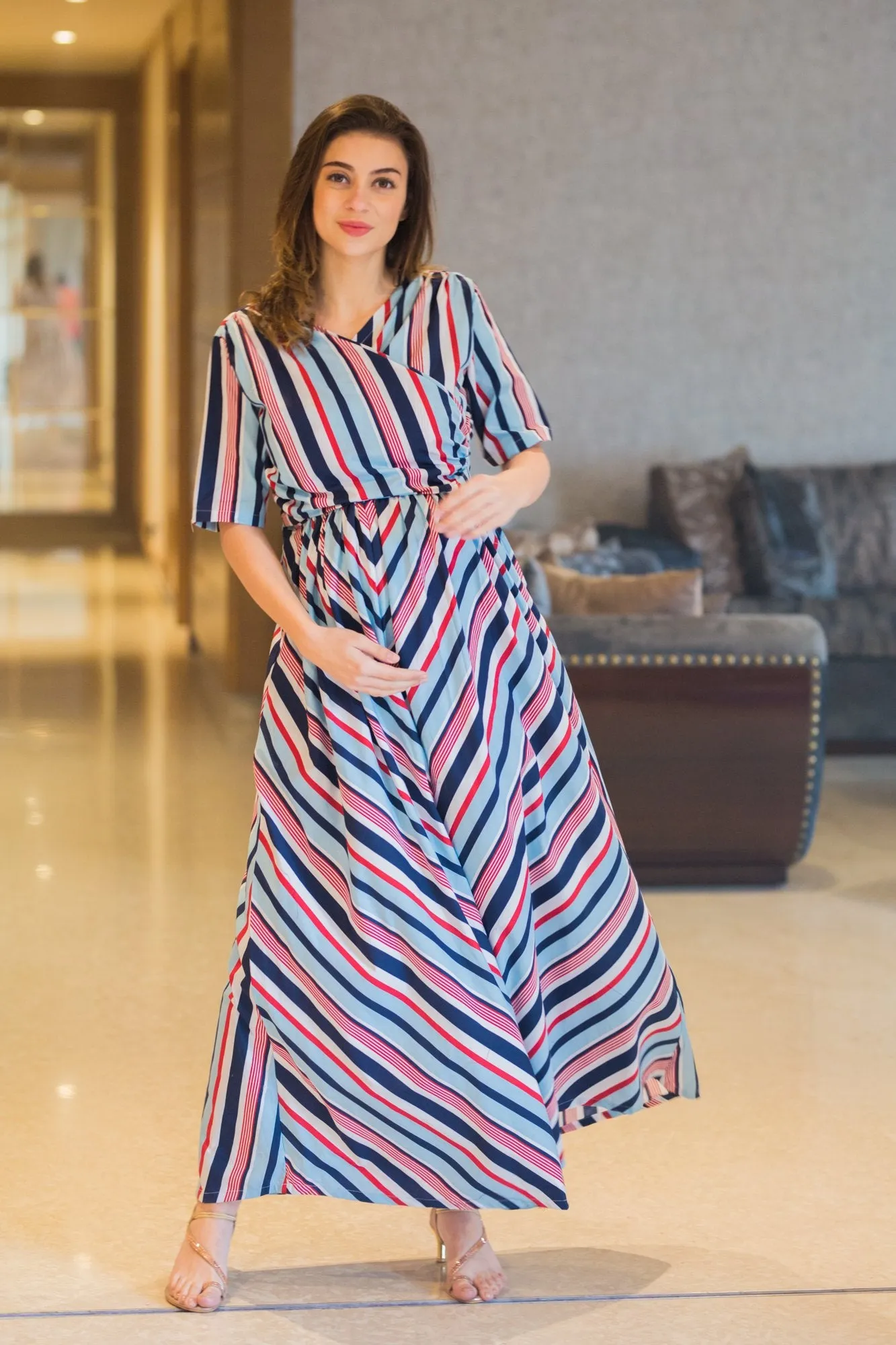 Baby Blue Striped Maternity & Nursing Wrap Dress