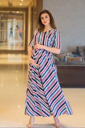 Baby Blue Striped Maternity & Nursing Wrap Dress