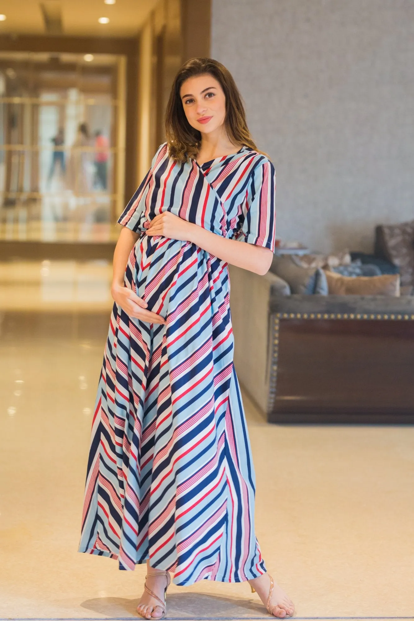 Baby Blue Striped Maternity & Nursing Wrap Dress