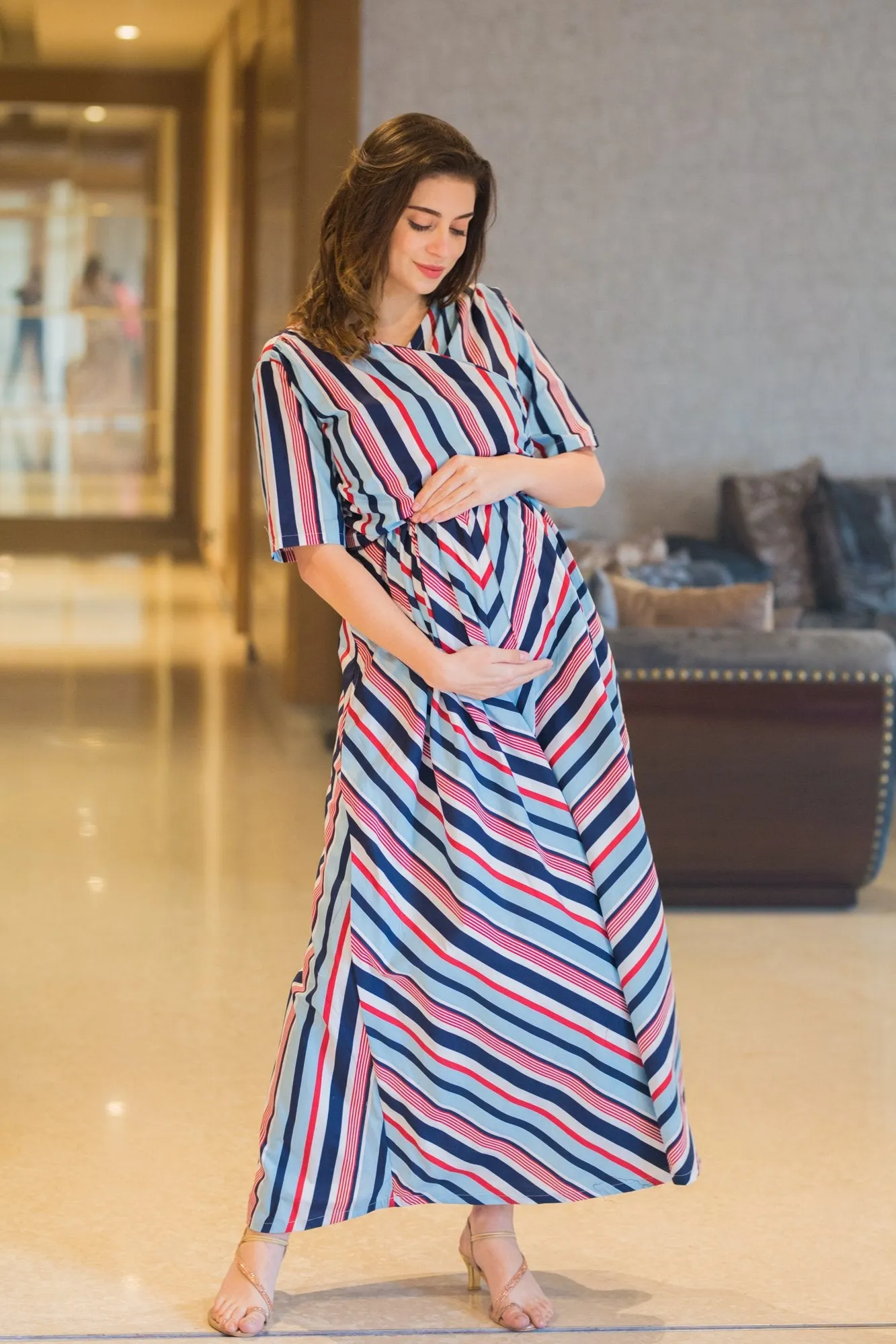 Baby Blue Striped Maternity & Nursing Wrap Dress