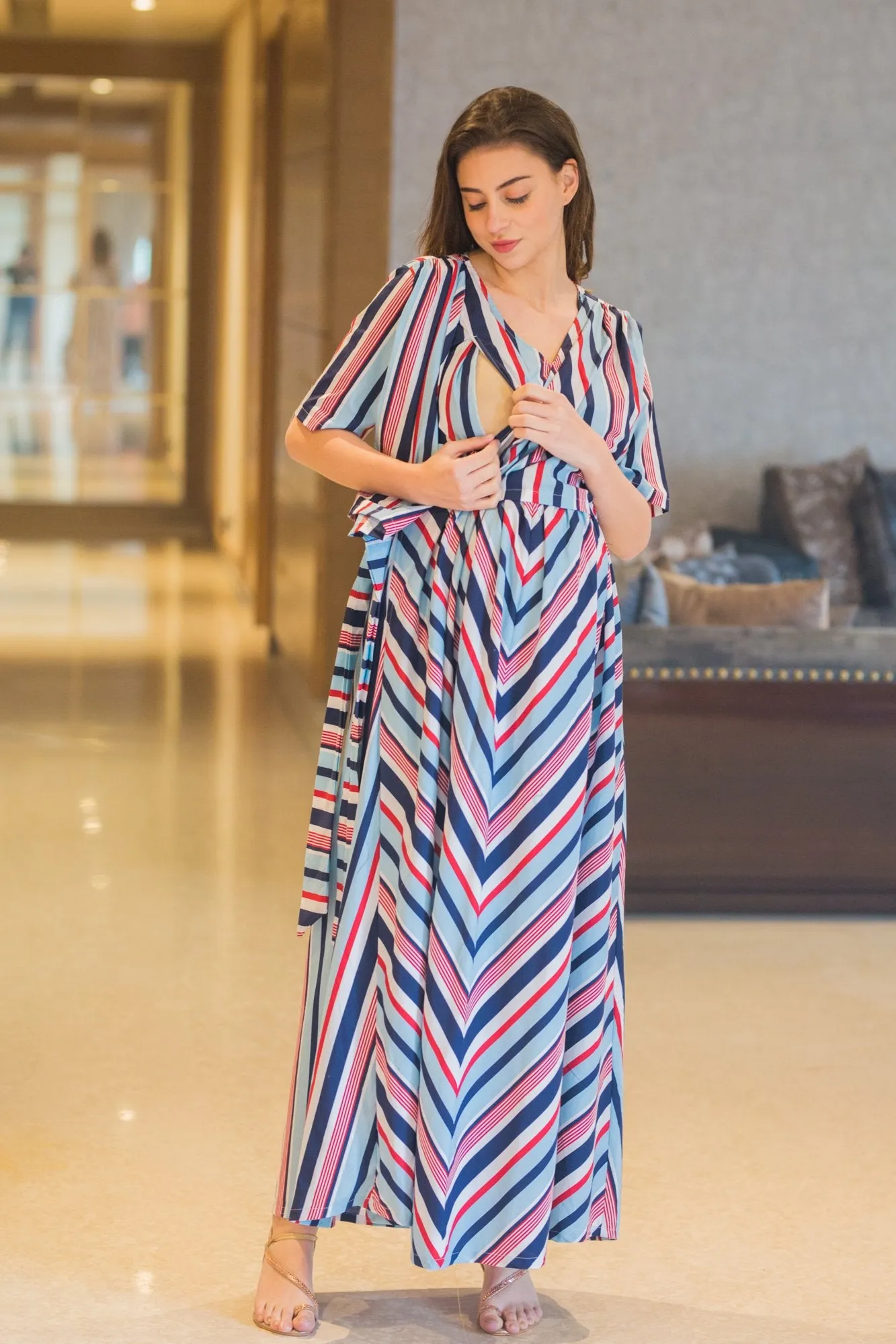 Baby Blue Striped Maternity & Nursing Wrap Dress