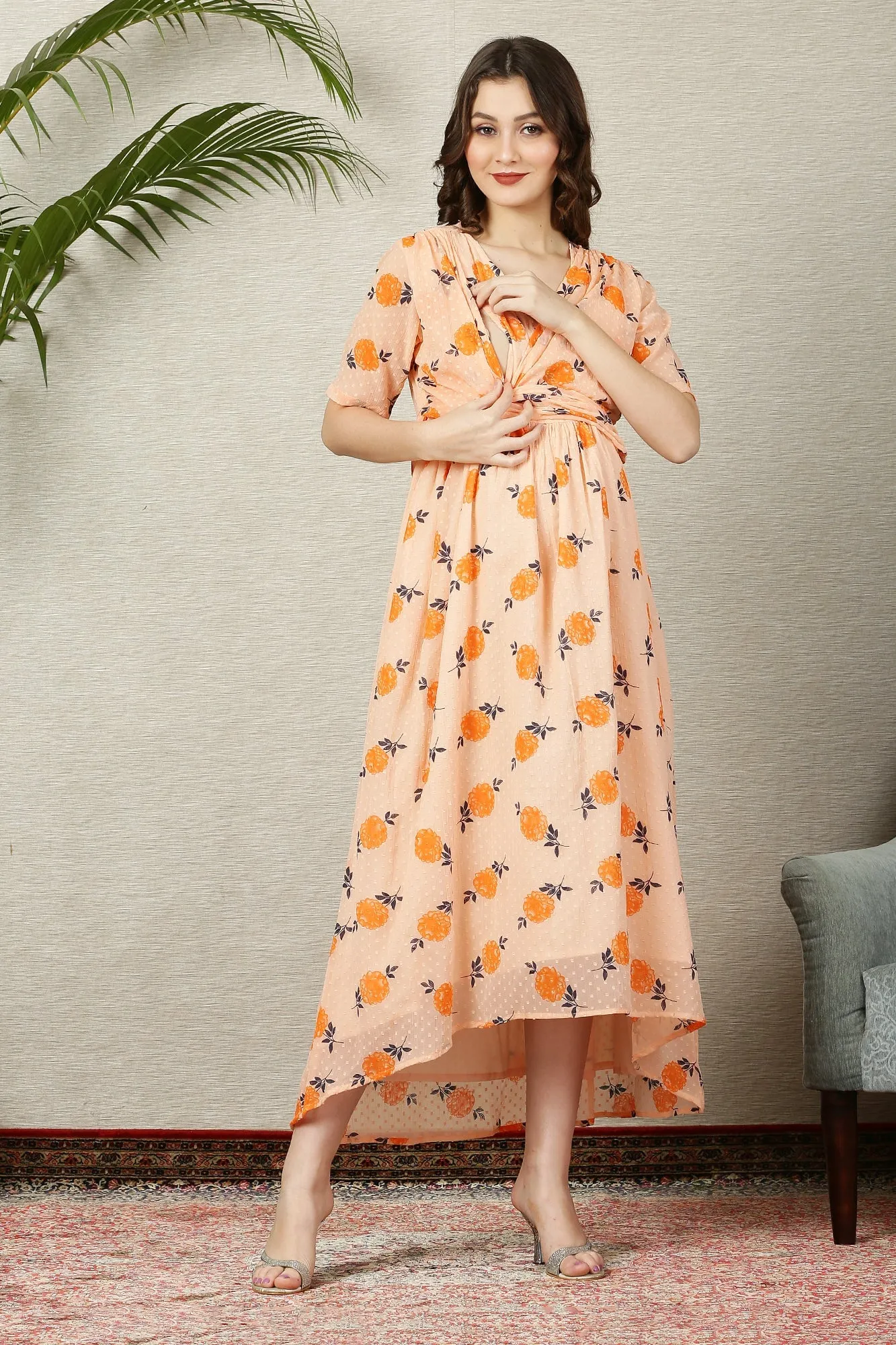 Beautiful Apricot Floral Maternity & Nursing Hi-Low Wrap Dress