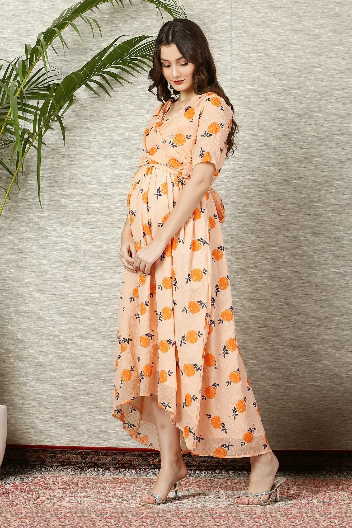 Beautiful Apricot Floral Maternity & Nursing Hi-Low Wrap Dress