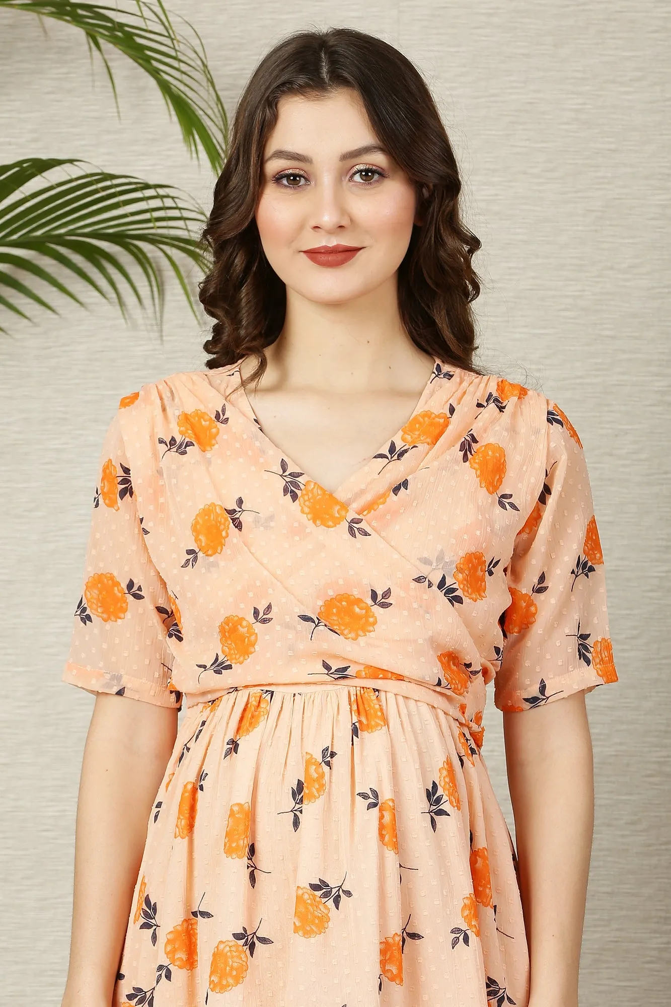 Beautiful Apricot Floral Maternity & Nursing Hi-Low Wrap Dress