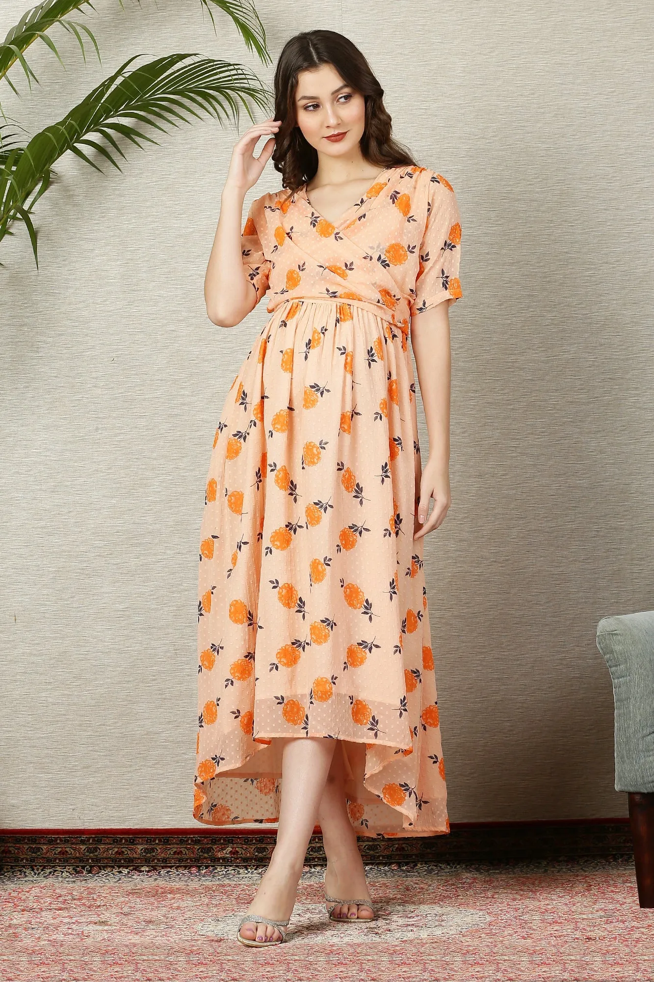 Beautiful Apricot Floral Maternity & Nursing Hi-Low Wrap Dress