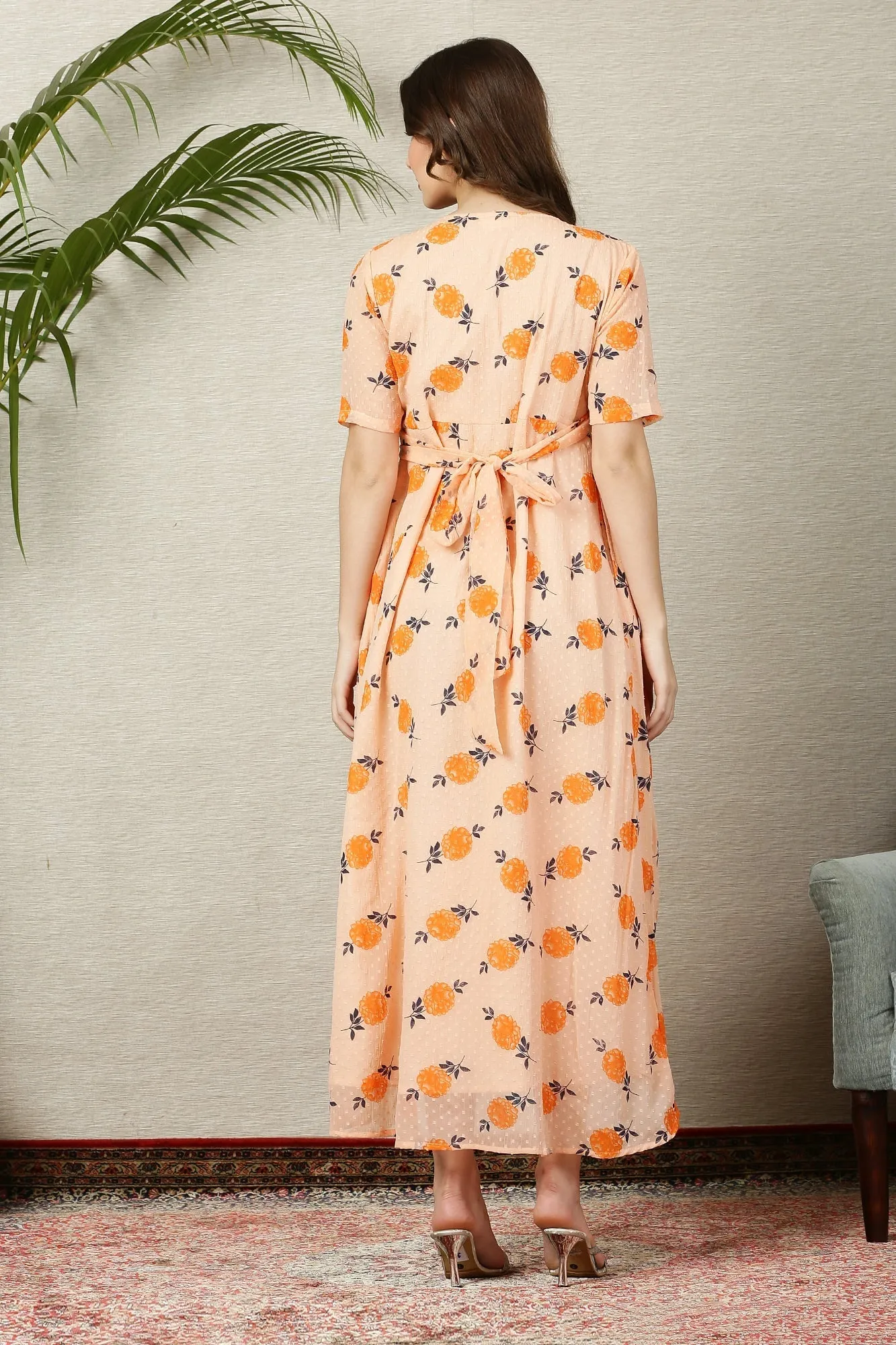 Beautiful Apricot Floral Maternity & Nursing Hi-Low Wrap Dress