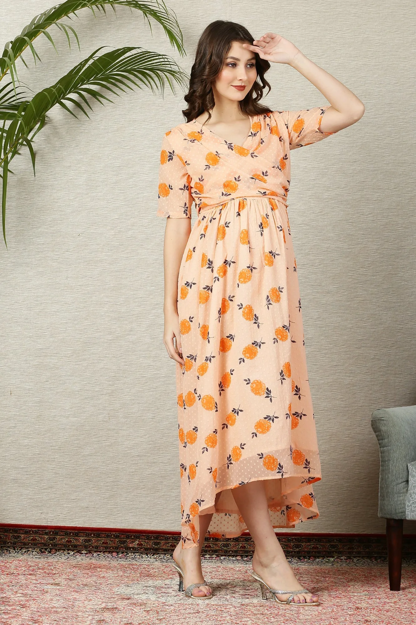 Beautiful Apricot Floral Maternity & Nursing Hi-Low Wrap Dress