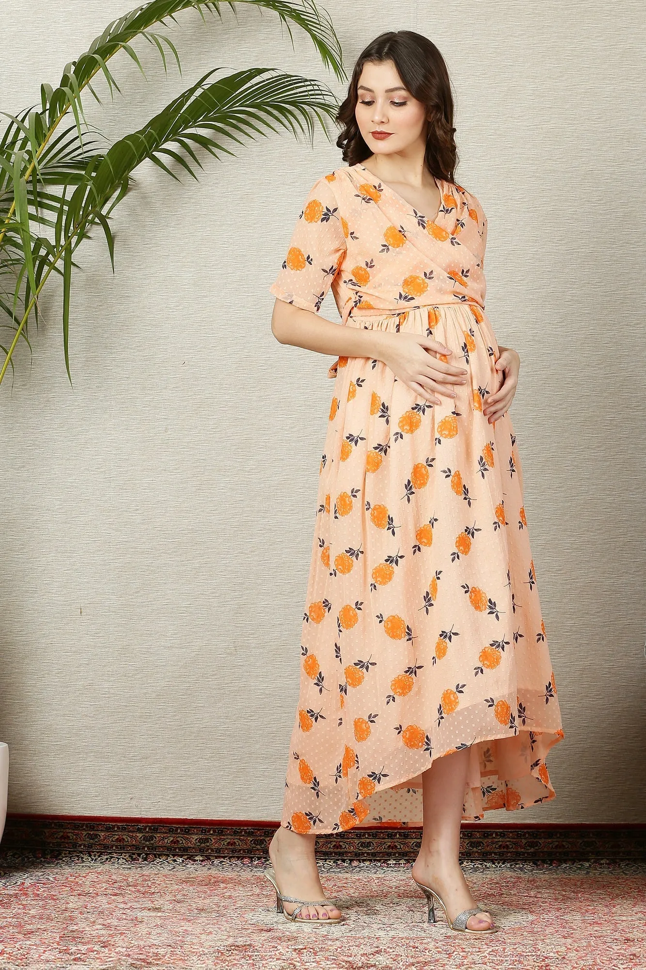 Beautiful Apricot Floral Maternity & Nursing Hi-Low Wrap Dress