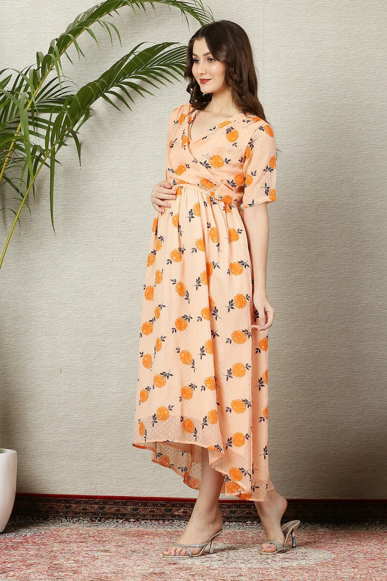 Beautiful Apricot Floral Maternity & Nursing Hi-Low Wrap Dress