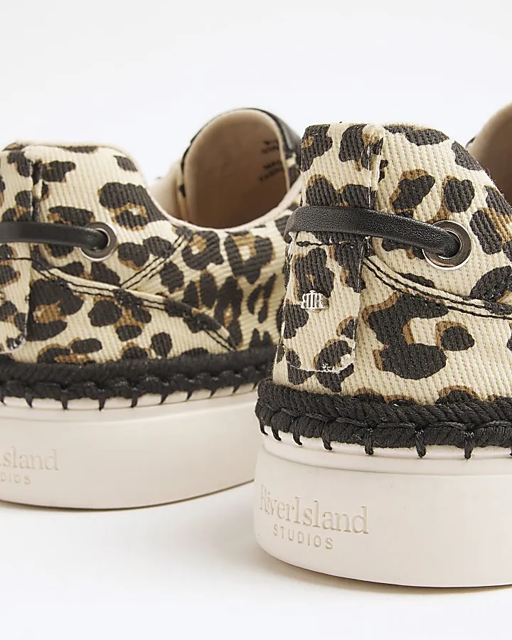 Beige canvas leopard print lace up trainers