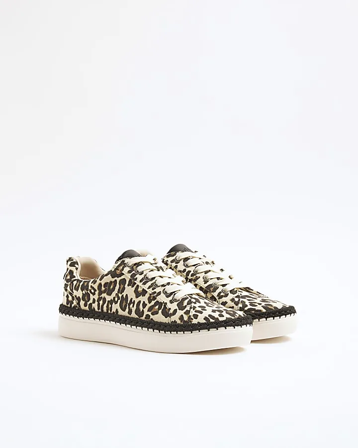 Beige canvas leopard print lace up trainers