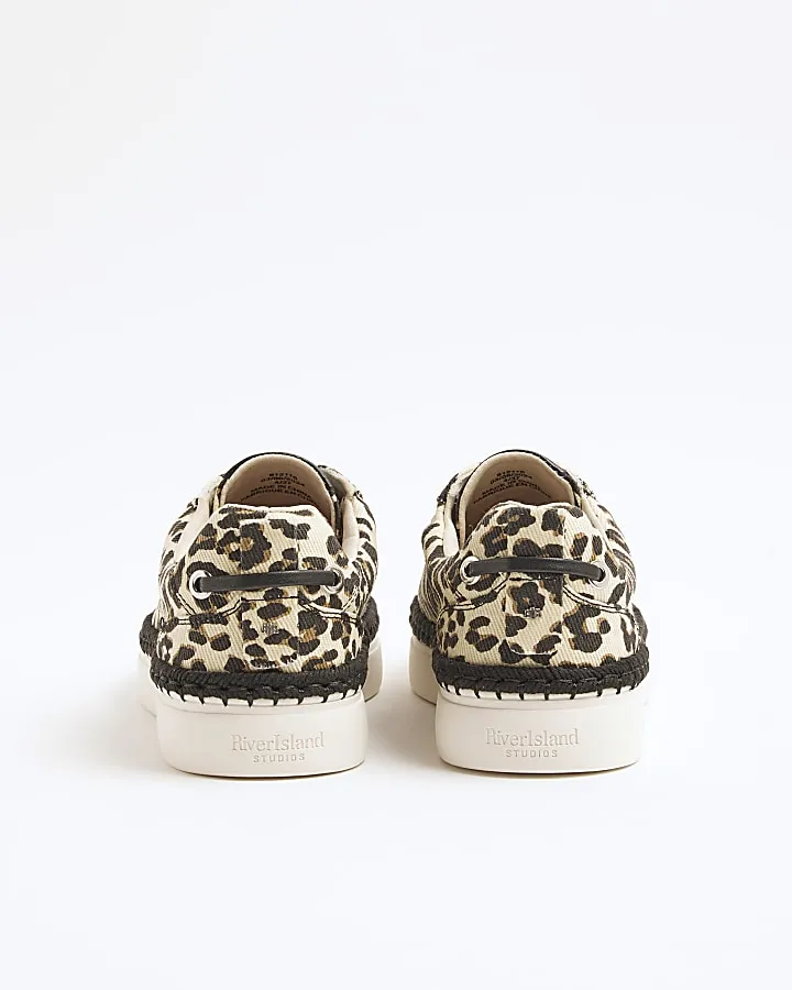 Beige canvas leopard print lace up trainers