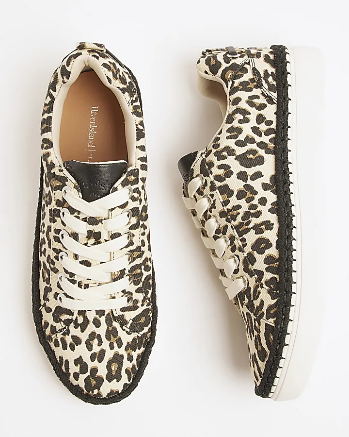 Beige canvas leopard print lace up trainers