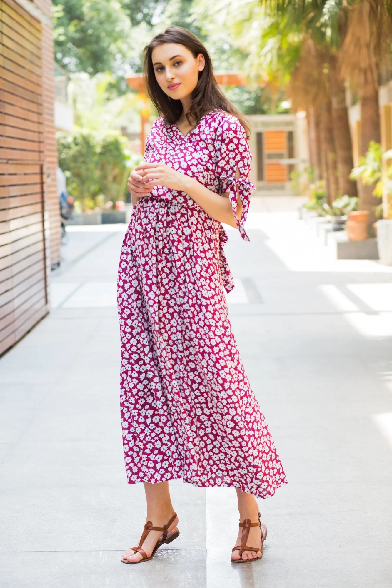 Berry Floral Maternity & Nursing Wrap Midi Dress