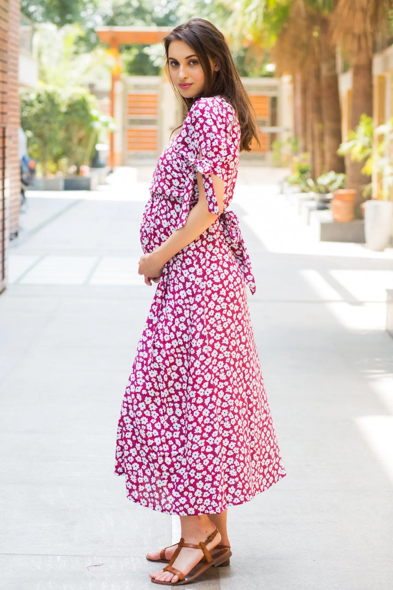 Berry Floral Maternity & Nursing Wrap Midi Dress