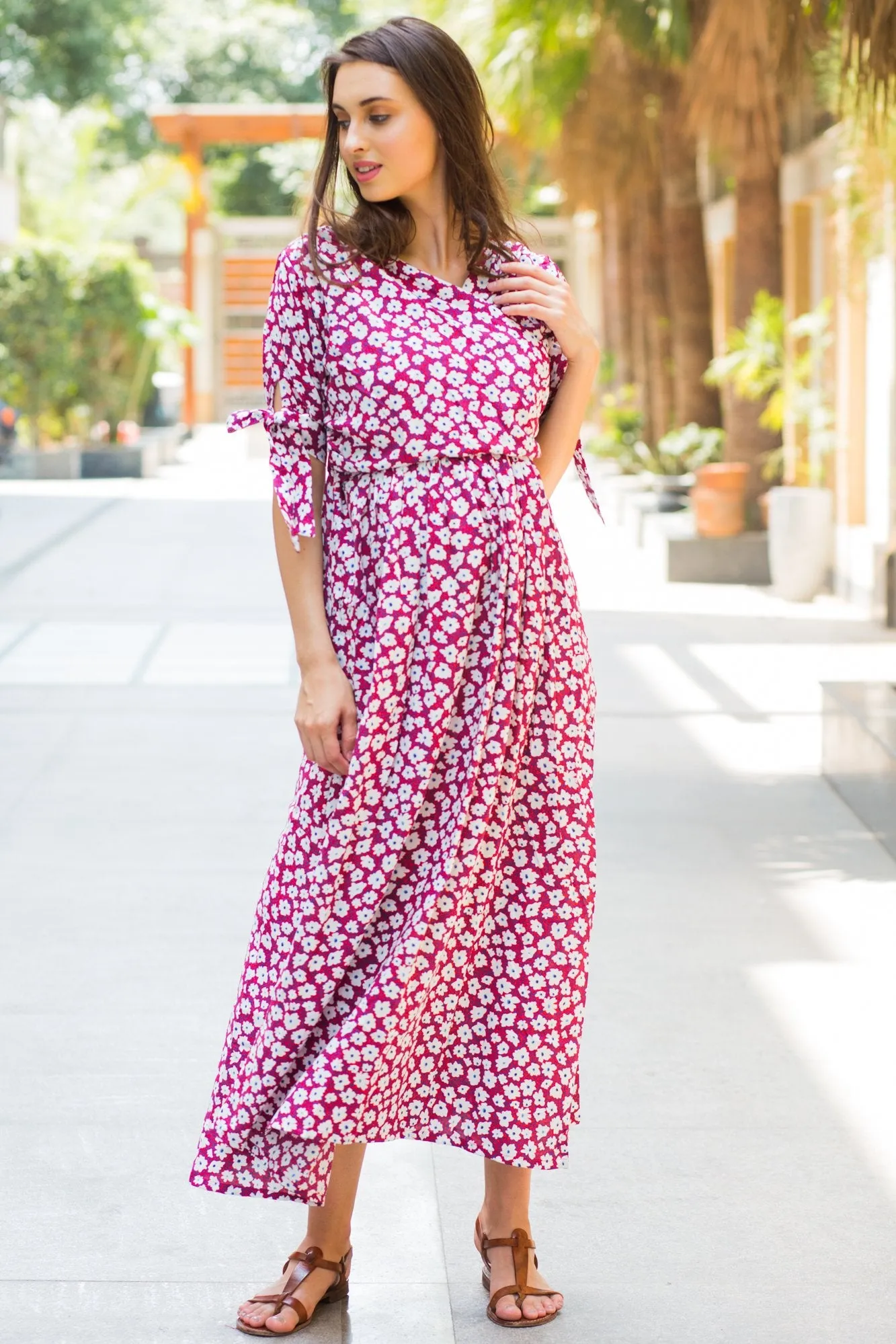 Berry Floral Maternity & Nursing Wrap Midi Dress