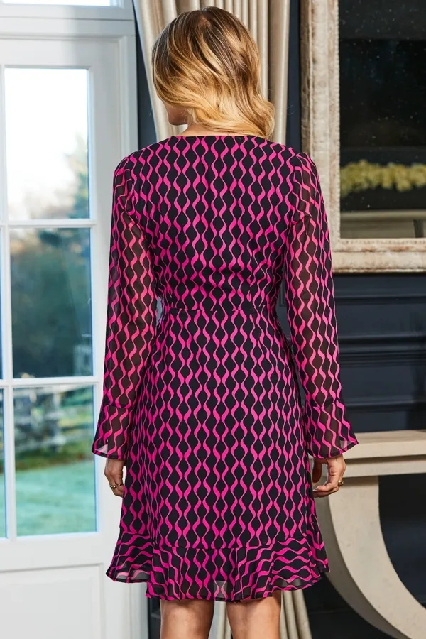 Black & Pink Geometric Print Wrap Front Dress