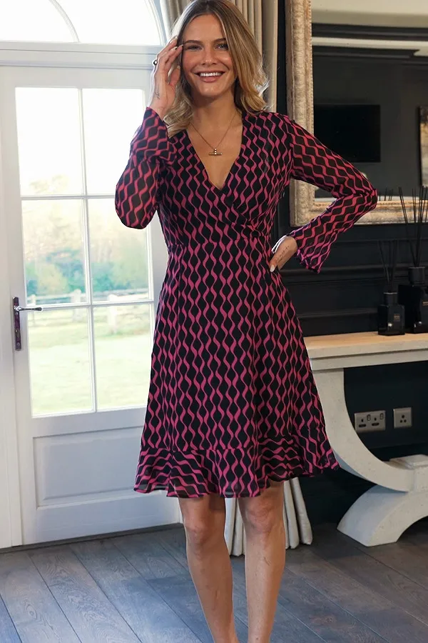 Black & Pink Geometric Print Wrap Front Dress