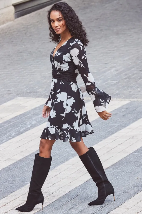 Black & White Floral Print Lace Trim Faux Wrap Dress