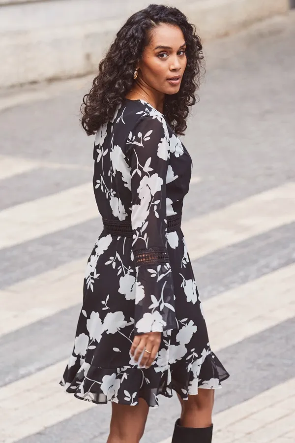 Black & White Floral Print Lace Trim Faux Wrap Dress