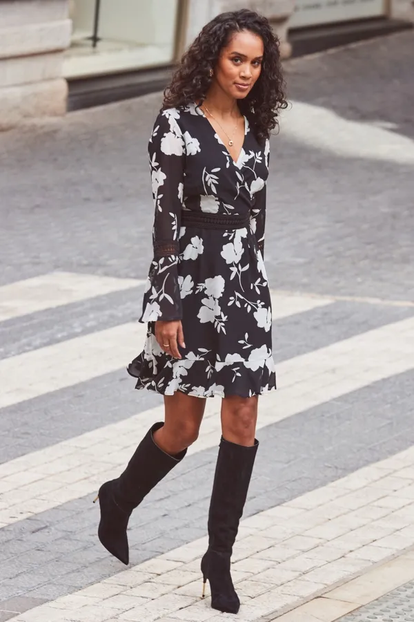 Black & White Floral Print Lace Trim Faux Wrap Dress