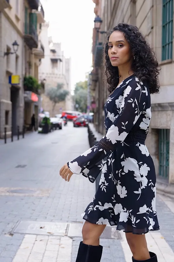 Black & White Floral Print Lace Trim Faux Wrap Dress