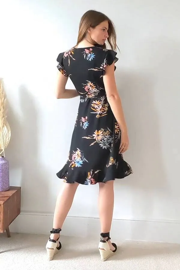 Black Floral Print Wrap Dress