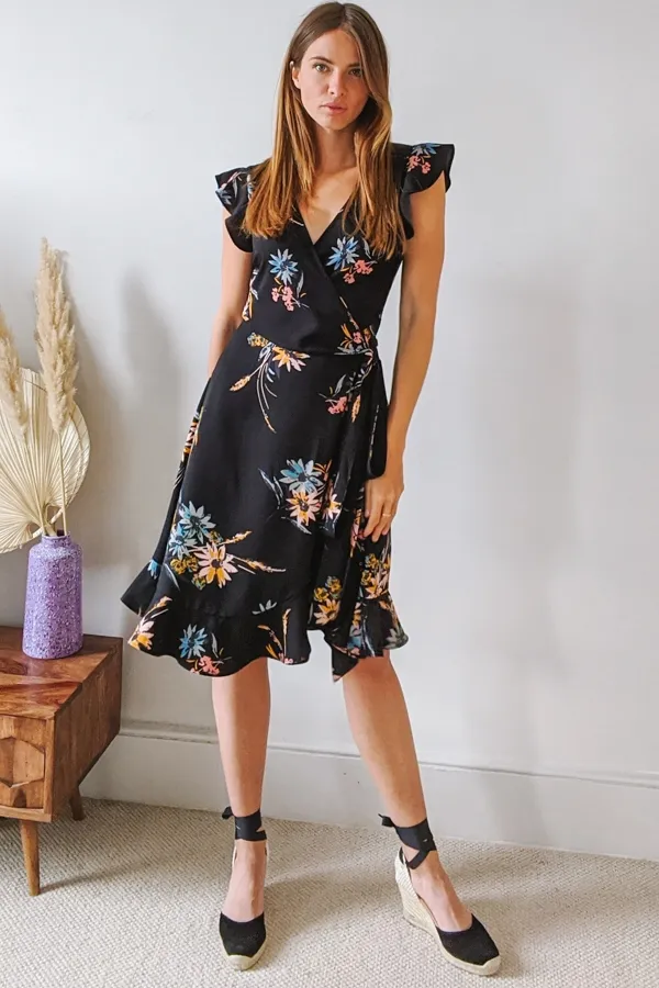 Black Floral Print Wrap Dress