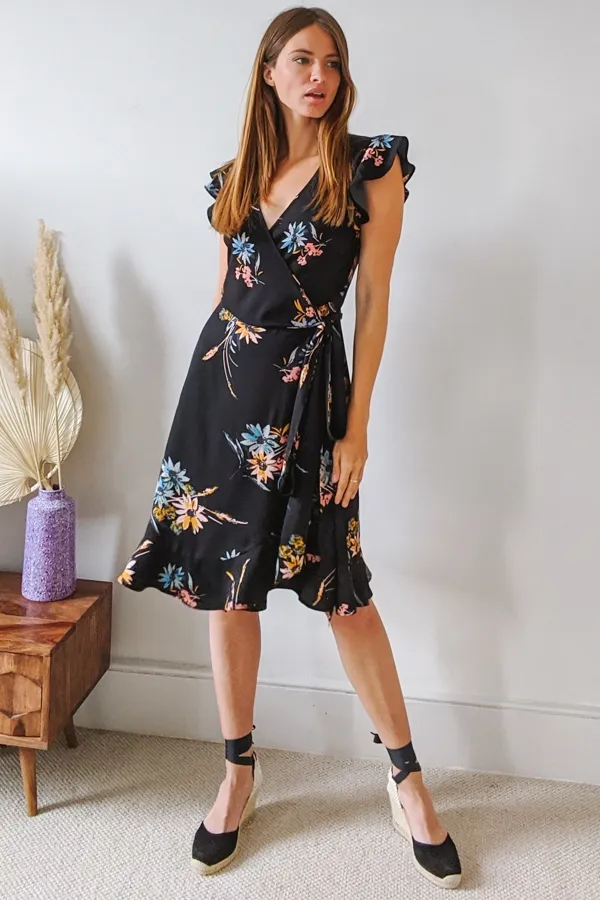 Black Floral Print Wrap Dress