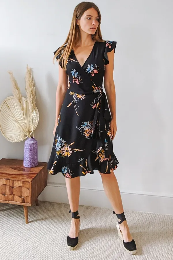 Black Floral Print Wrap Dress