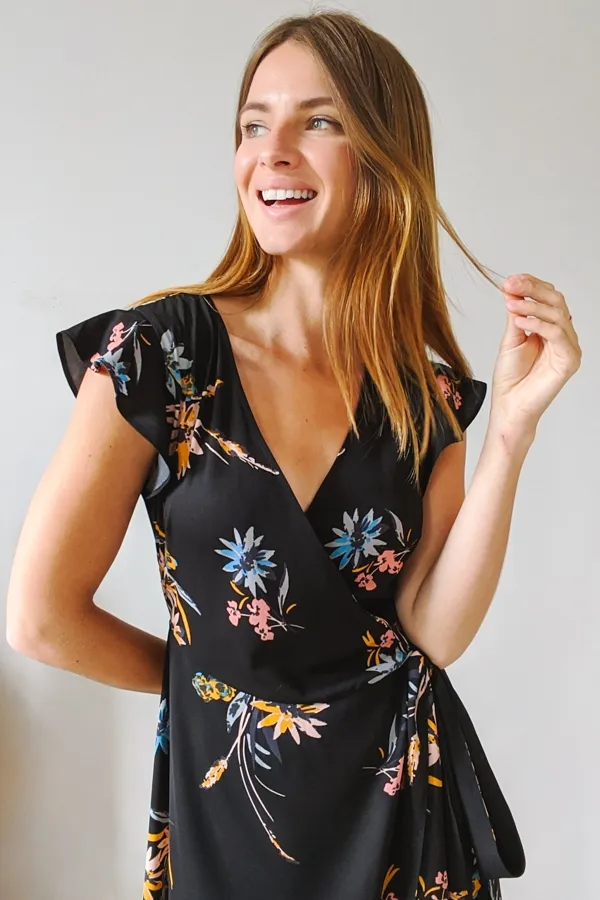 Black Floral Print Wrap Dress