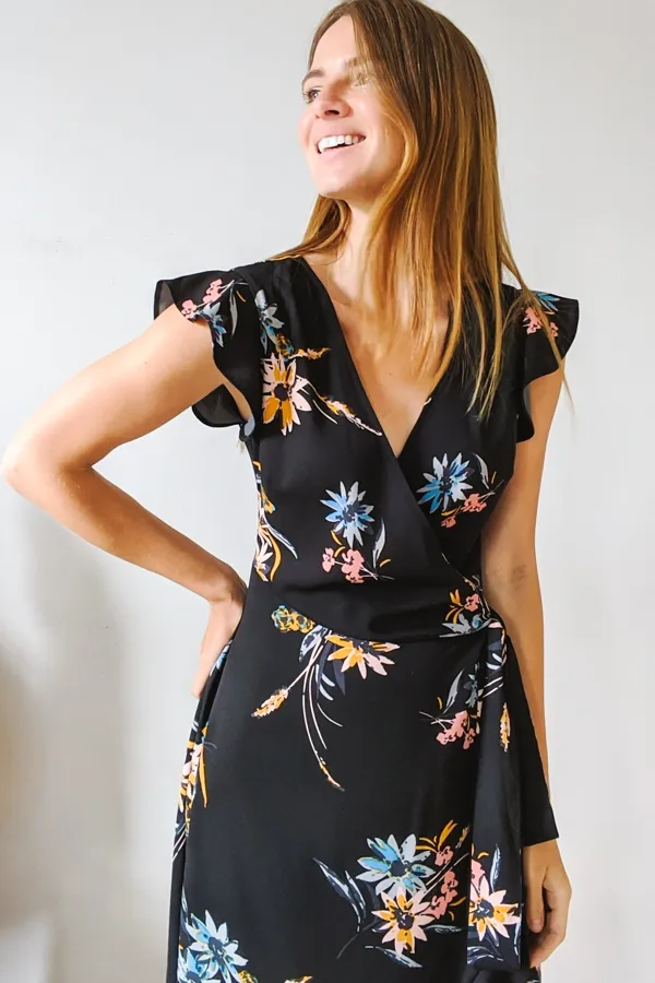 Black Floral Print Wrap Dress