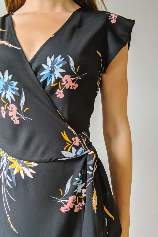 Black Floral Print Wrap Dress