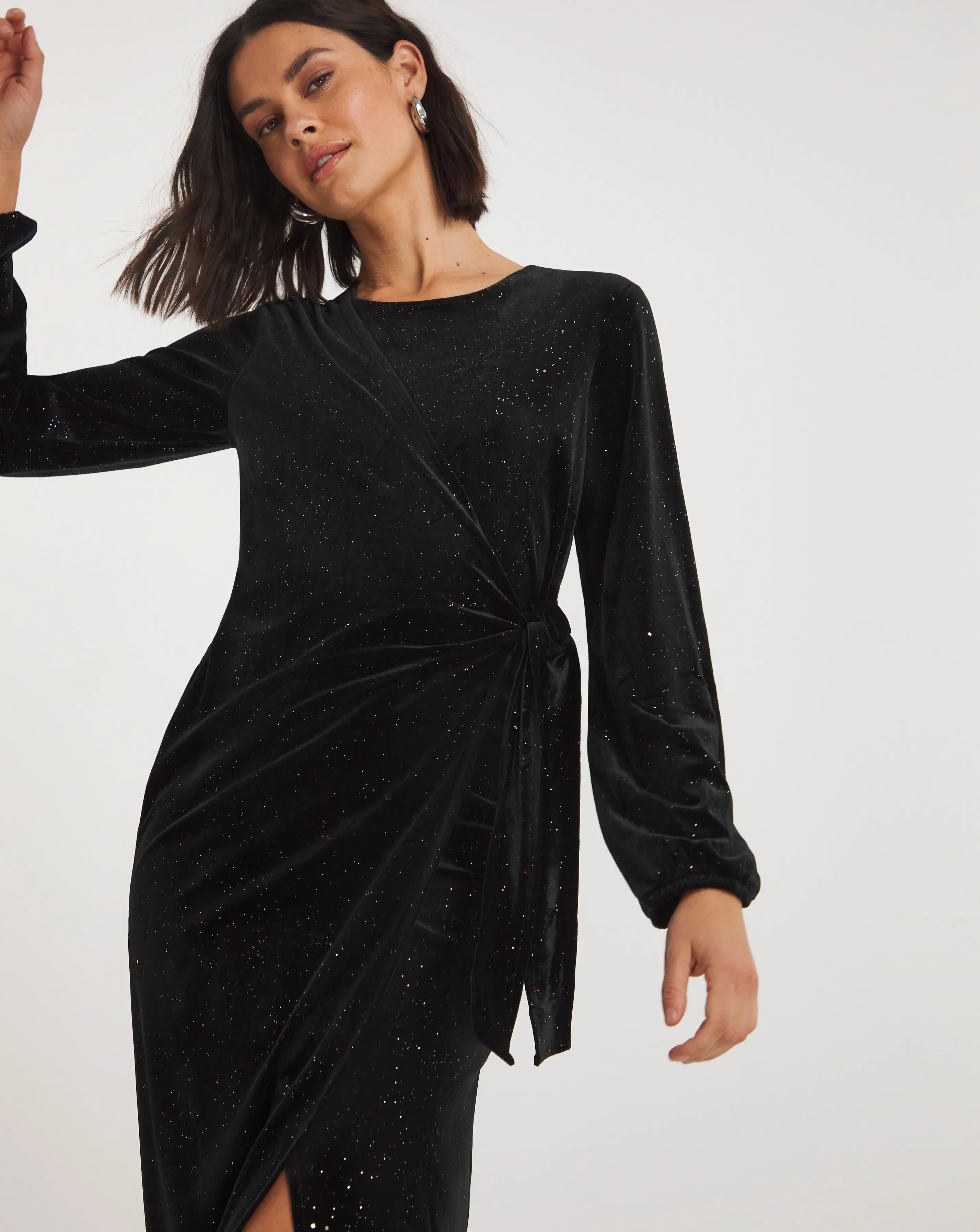 Black Glitter Velour Wrap Midi Dress | Simply Be